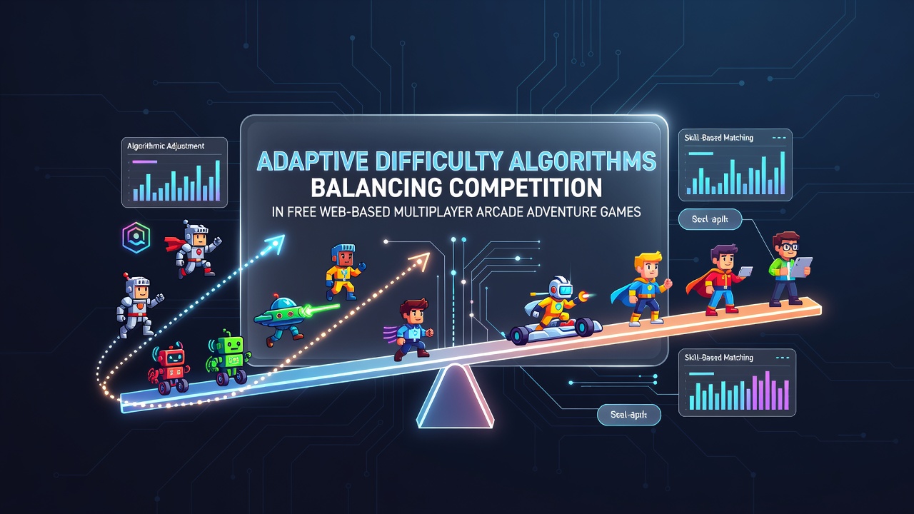 Players engaging in a free web-based multiplayer arcade adventure game with dynamic difficulty adjustments visible on screen
