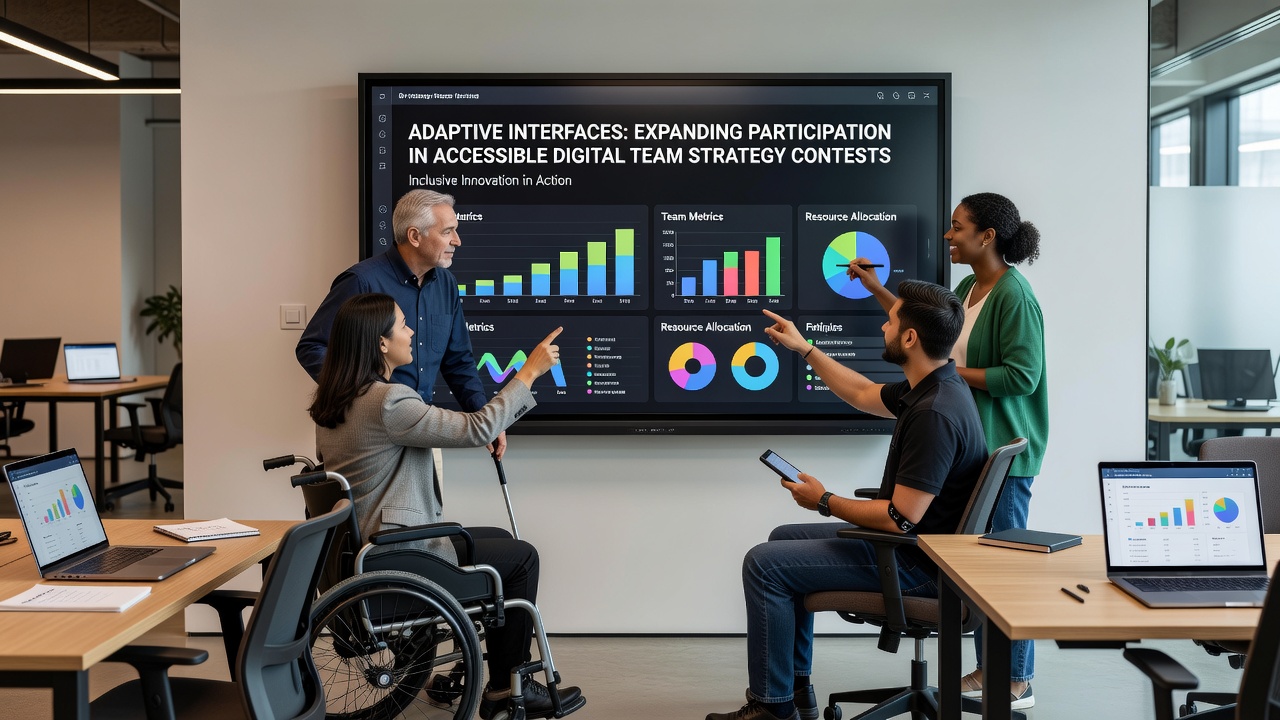 Team members collaborating on a digital strategy contest interface with adaptive controls visible on multiple screens