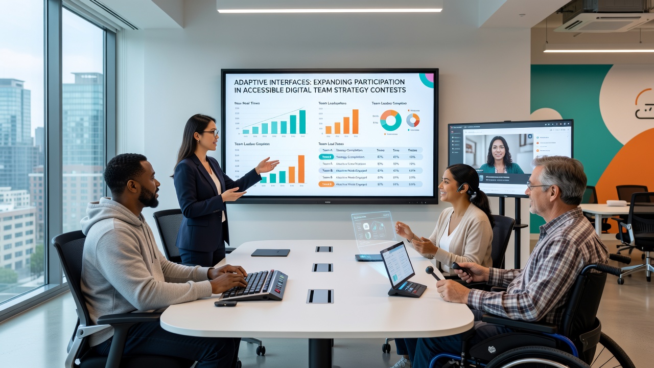 Diverse group of contestants using adaptive interfaces during a live digital team strategy event with multiple device types shown