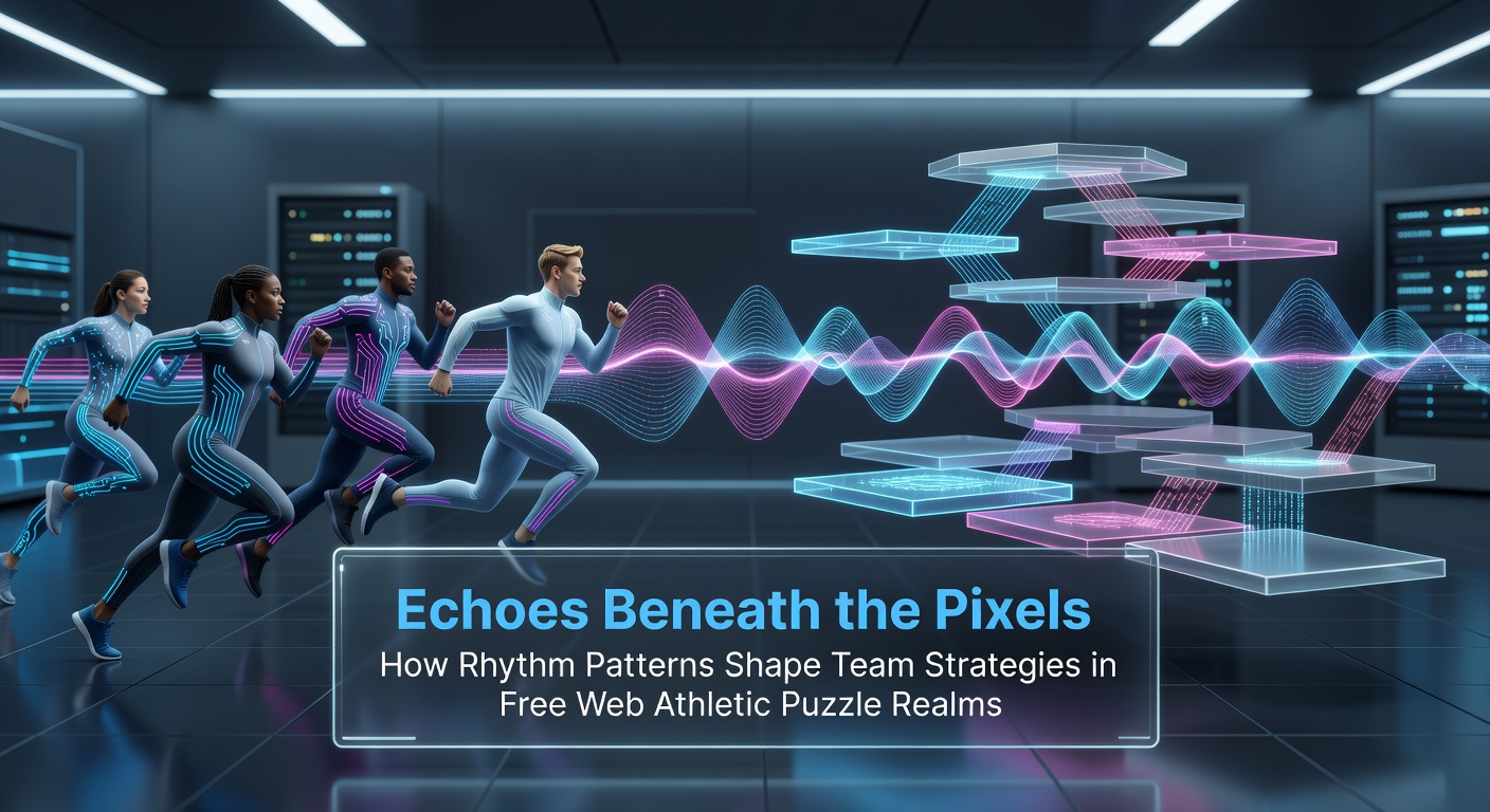 Team players coordinating rhythm-based moves in a browser athletic puzzle game interface showing pixelated stadium elements