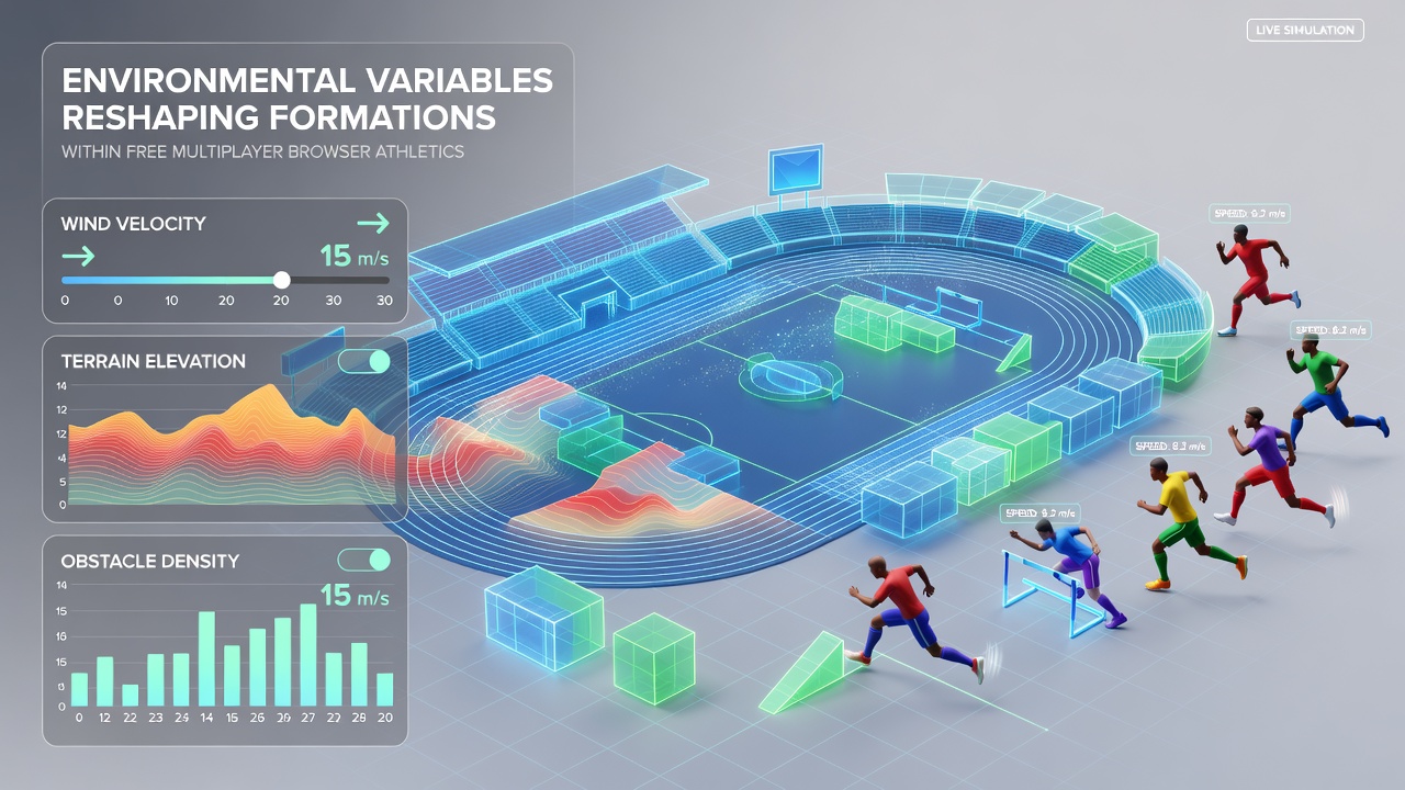 Team formations adjusting dynamically in a browser athletic game under varying wind and light conditions during a multiplayer session