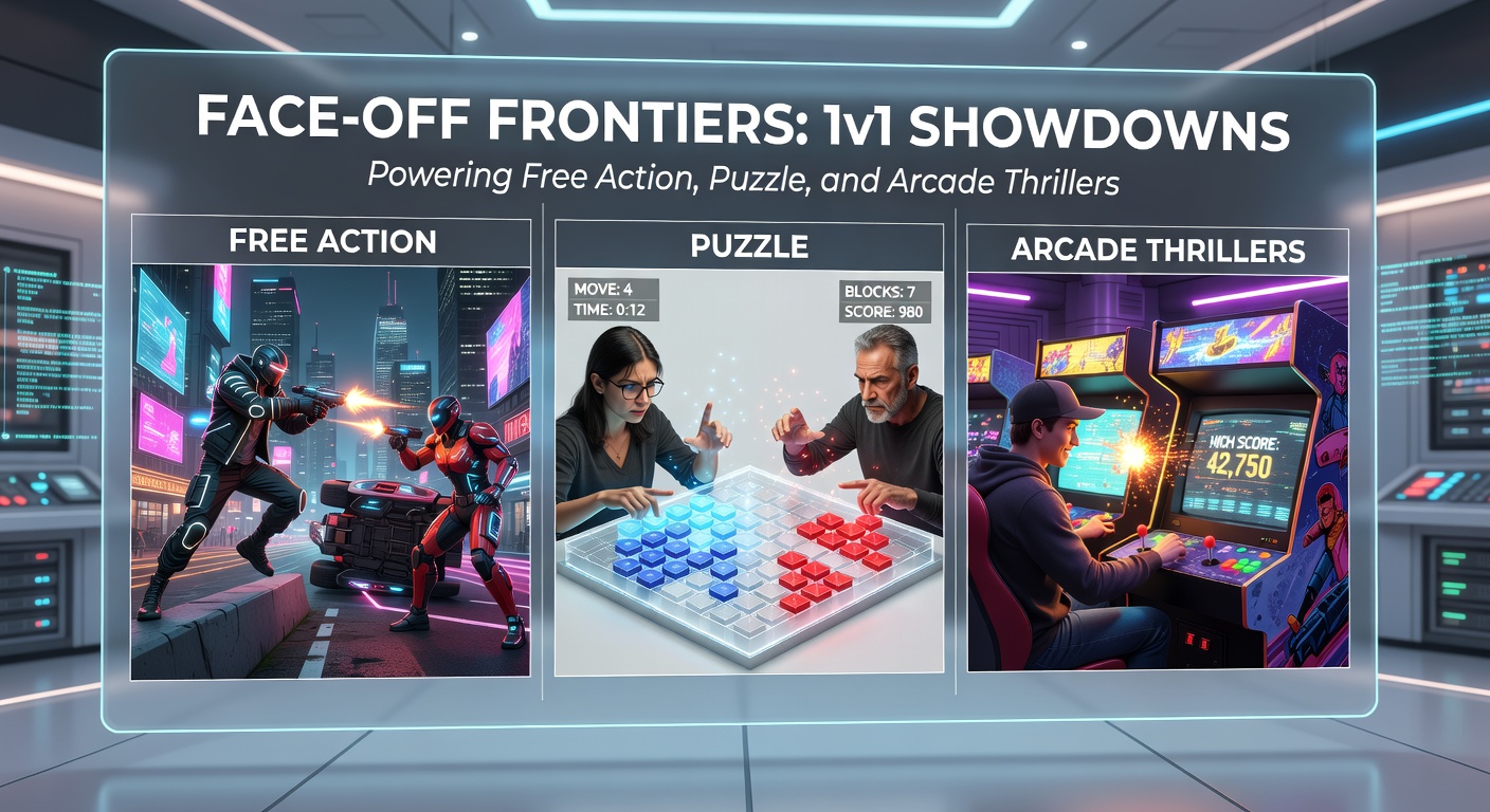 Close-up of an arcade 1v1 thriller, showing players navigating neon-lit obstacle courses with explosive hazards and speed boosts