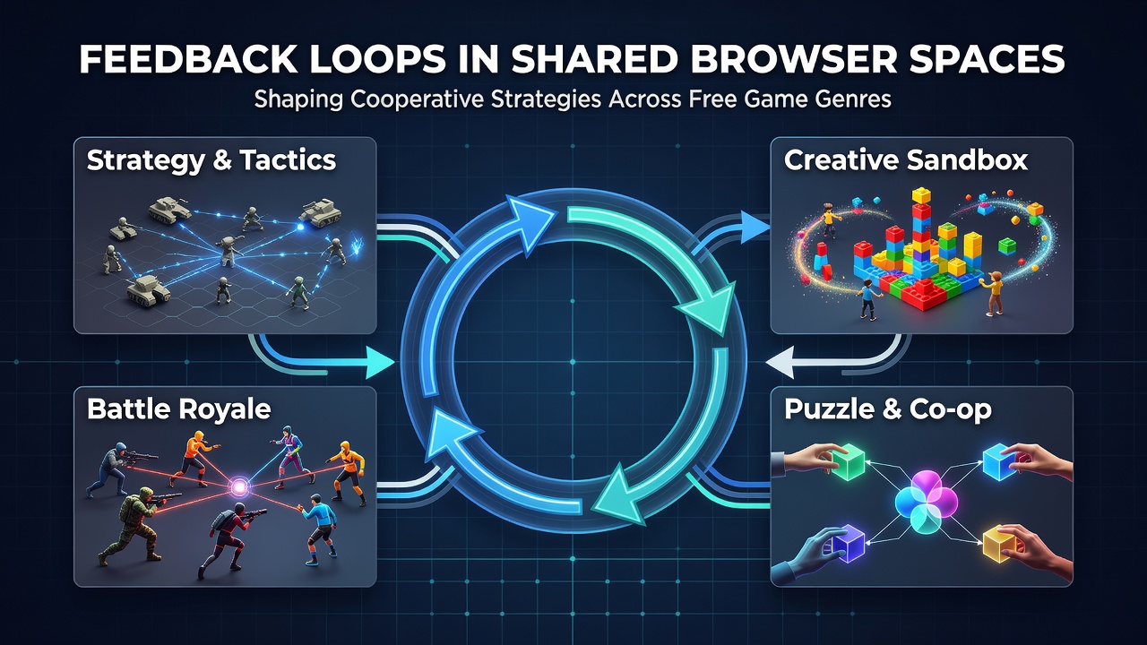 Browser-based multiplayer game interface showing players collaborating in real time across puzzle and action genres