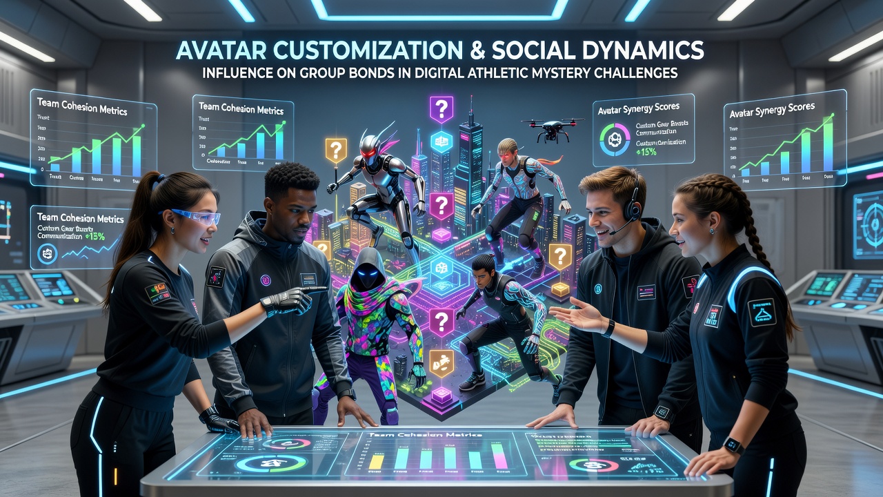 Team members displaying customized avatars during a collaborative athletic mystery event