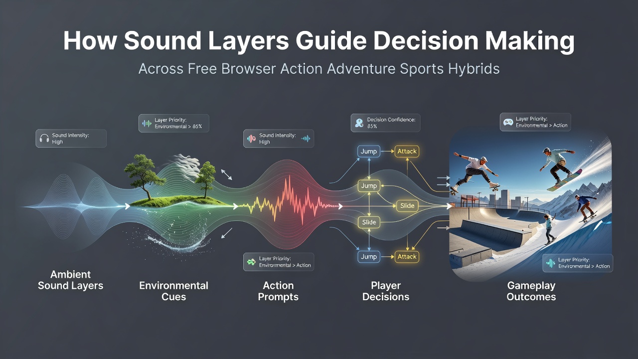 Browser game interface showing layered audio controls in an action-adventure sports hybrid