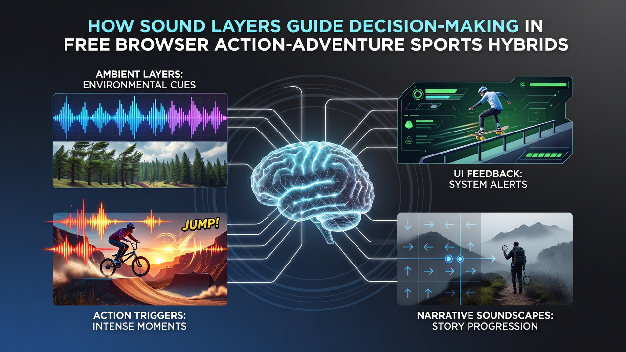 Player decision tree illustration with overlaid sound frequency graphs in a sports adventure browser game