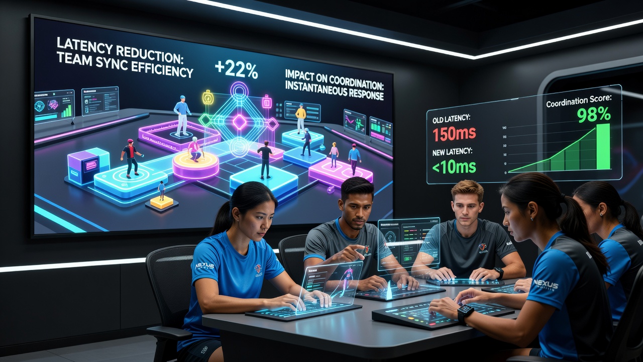 Players coordinating in a browser-based athletic logic contest with visual indicators of reduced network delay