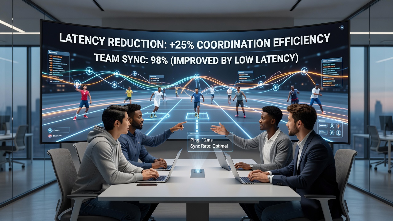 Team members reviewing synchronized strategies during a low-latency session in an online sports logic game