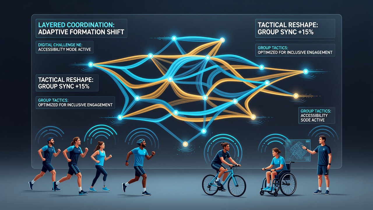 Players responding to synchronized visual overlays and audio rhythms during a group athletic challenge