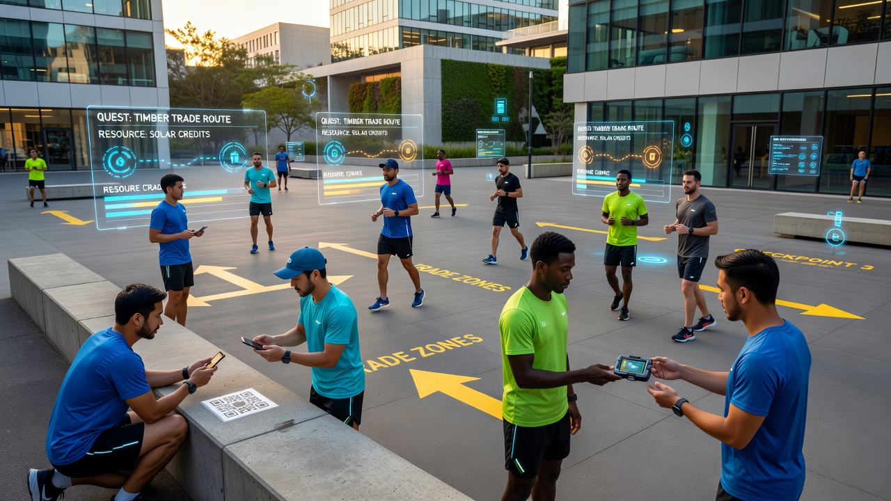 Scattered players interpreting layered environmental cues like terrain markers and weather signals while trading resources in a browser-based athletic quest hybrid game