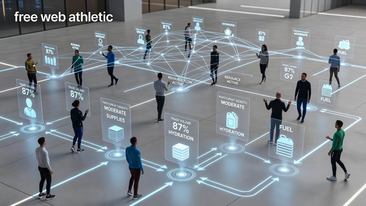 Dispersed participants exchanging resources based on synchronized environmental signals including light shifts and sound layers in a free web athletic quest hybrid