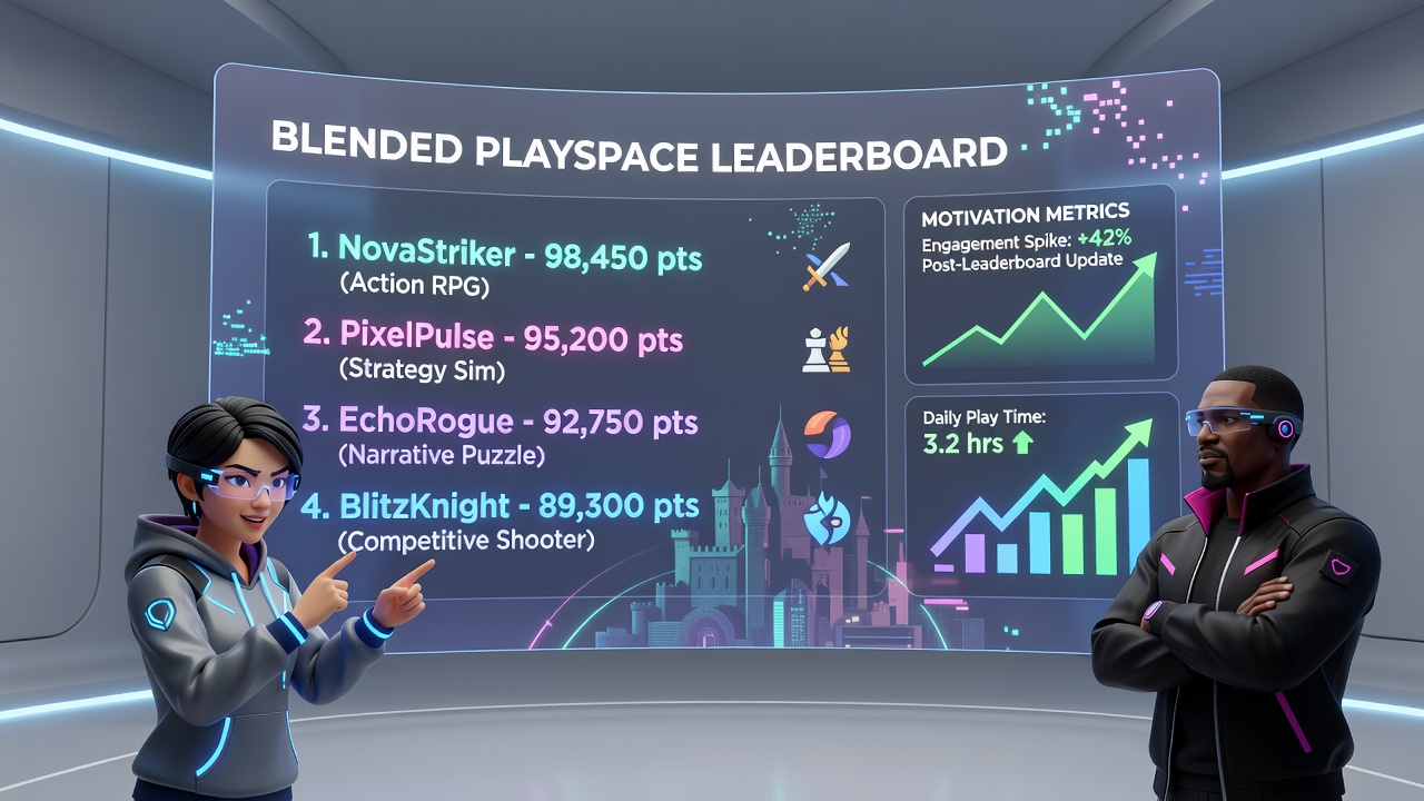 Players reviewing competitive rankings in a multiplayer web game with adventure and athletic components