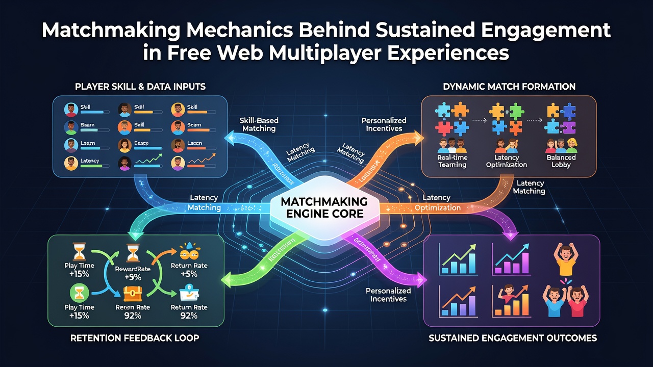 Illustration of matchmaking algorithms connecting players in free web multiplayer game interfaces