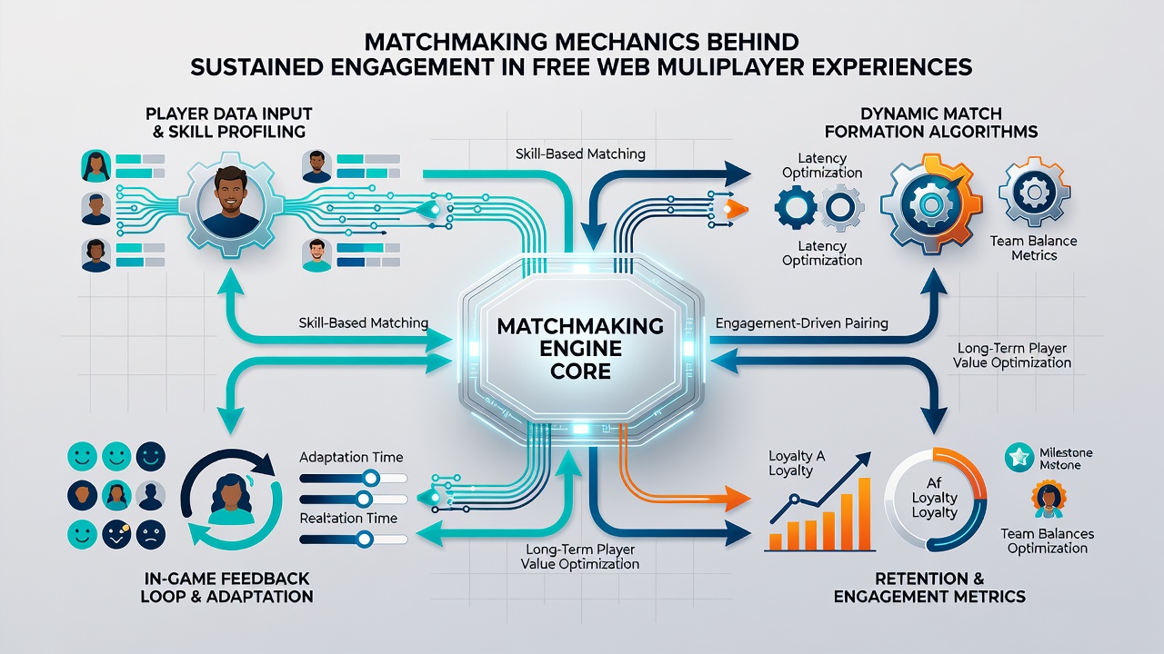 Diagram showing player engagement metrics influenced by matchmaking variables in browser games