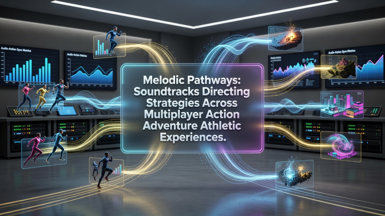 Multiplayer athletic game interface showing synchronized player movements guided by layered soundtrack elements in a browser-based environment