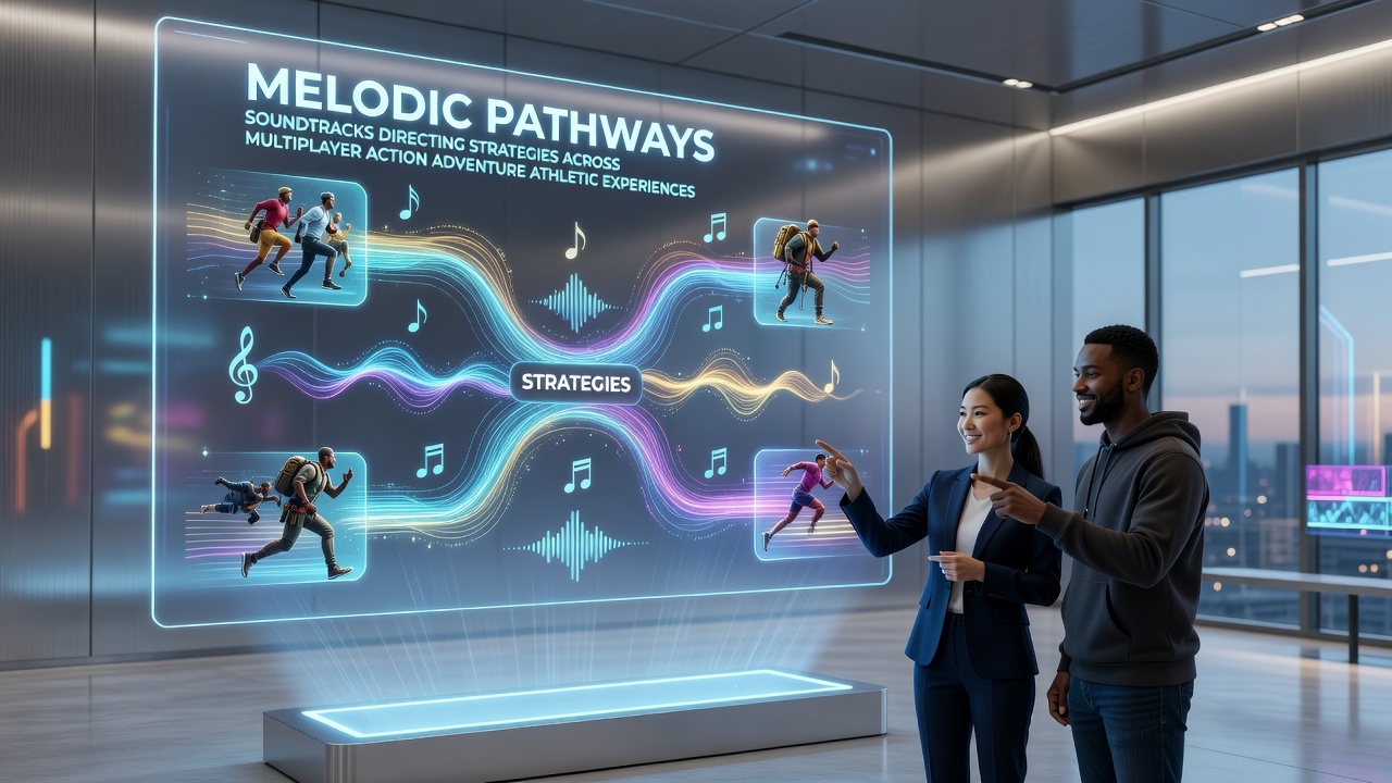 Team coordination scene in an action adventure athletic browser game where melodic overlays highlight strategic pathways and timing cues