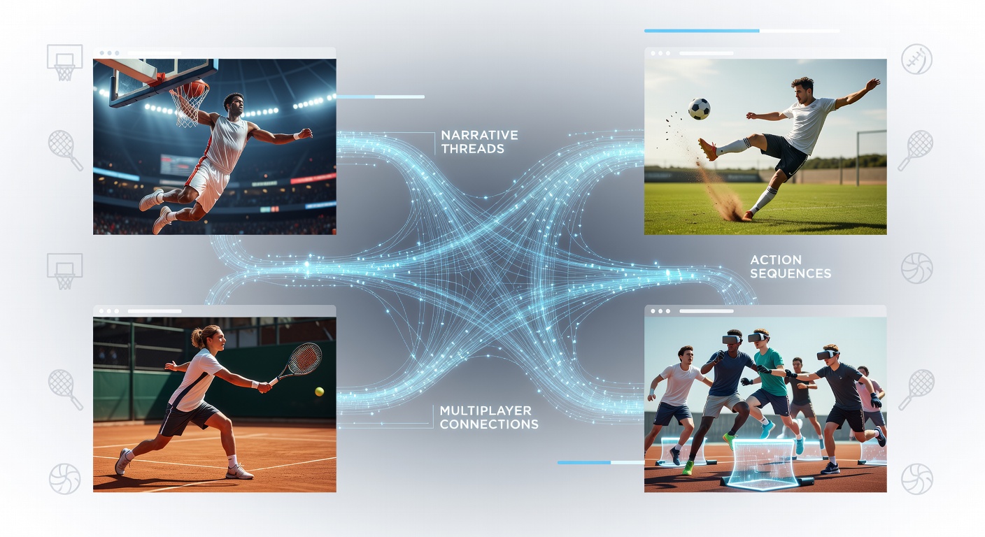 Visual representation of interconnected narrative paths linking action moments across browser-based multiplayer sports environments