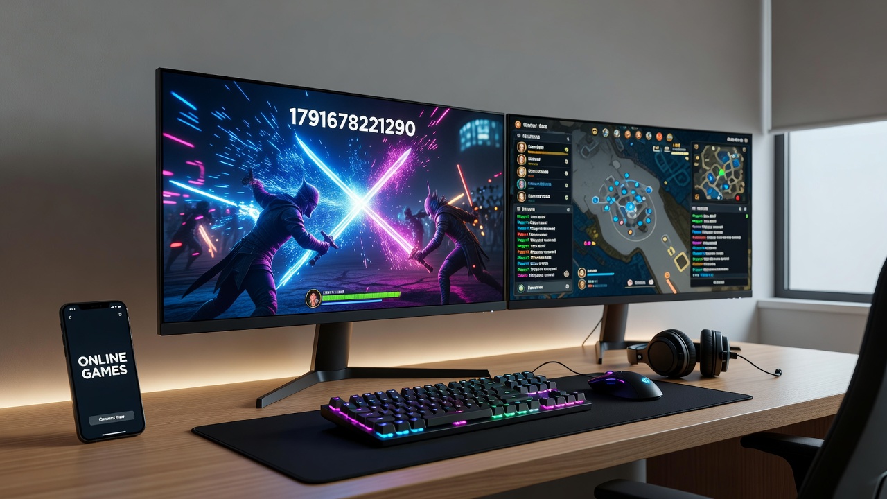 Players collaborating in an online game environment with multiple screens visible