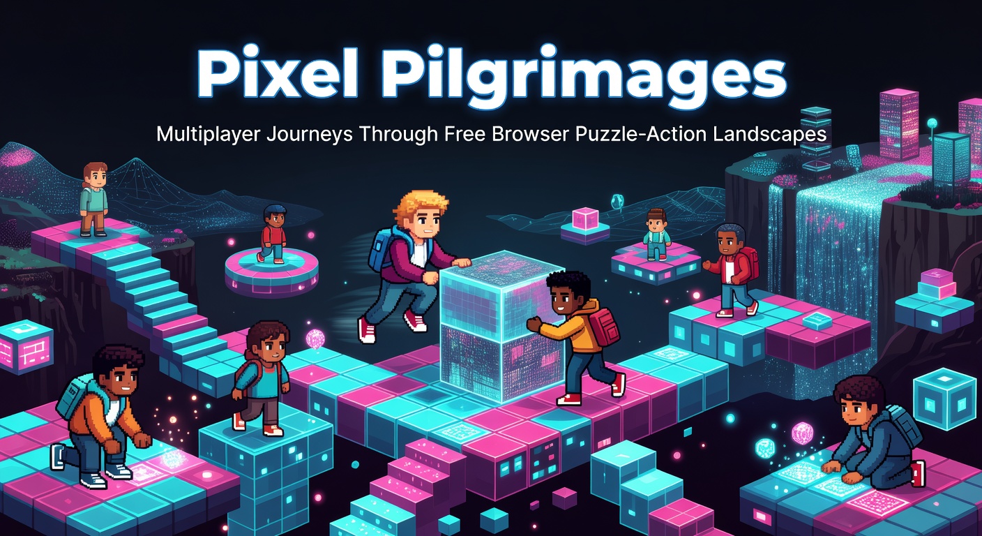 Players navigating pixelated landscapes in a multiplayer puzzle-action browser game, collaborating on intricate platforming challenges amid vibrant, retro-style worlds