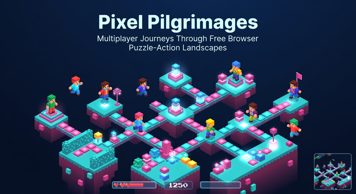 A diverse group of avatars on a pixel pilgrimage, solving a massive cooperative puzzle in a sprawling action-filled browser world with dynamic obstacles and glowing pathways