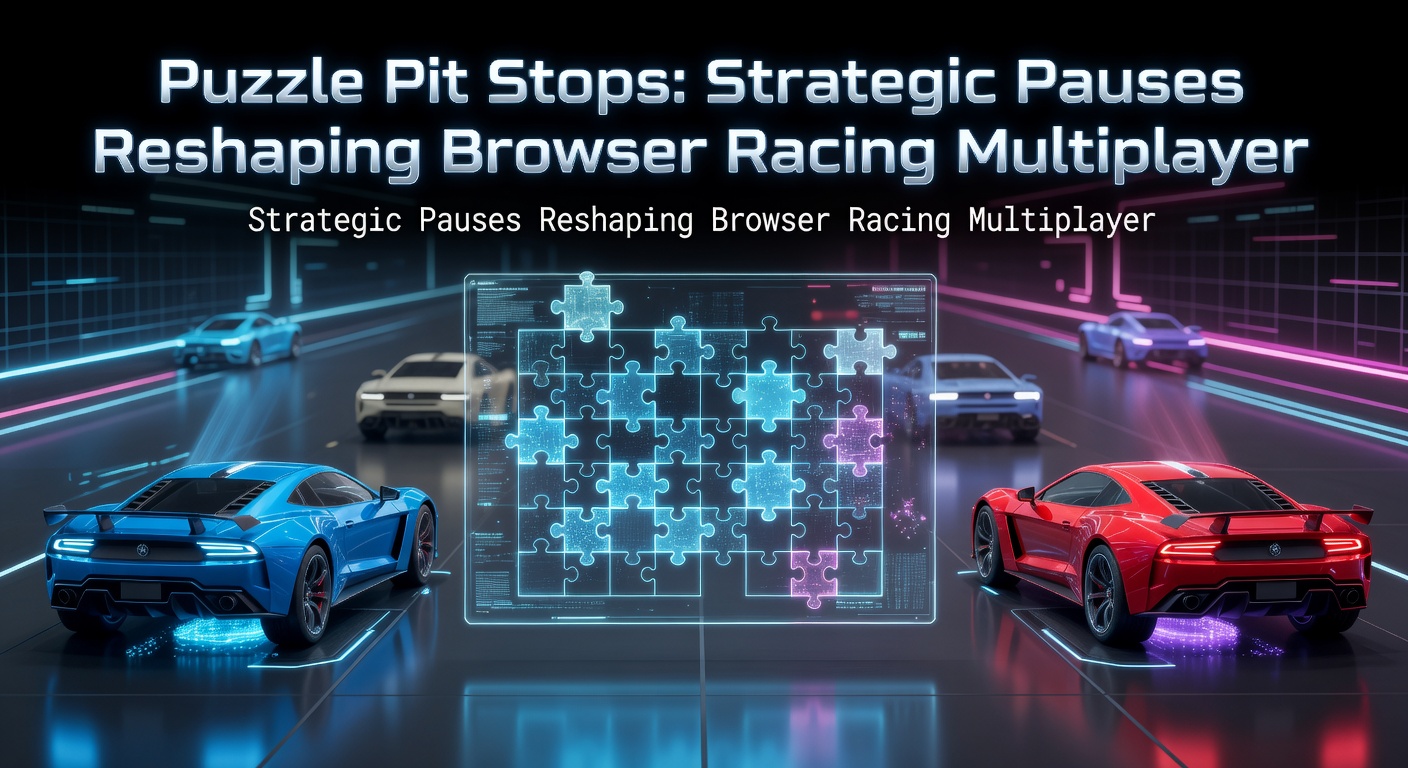 A sleek browser racer skidding into a glowing puzzle pit stop amid a neon-lit track, with puzzle pieces floating around the vehicle