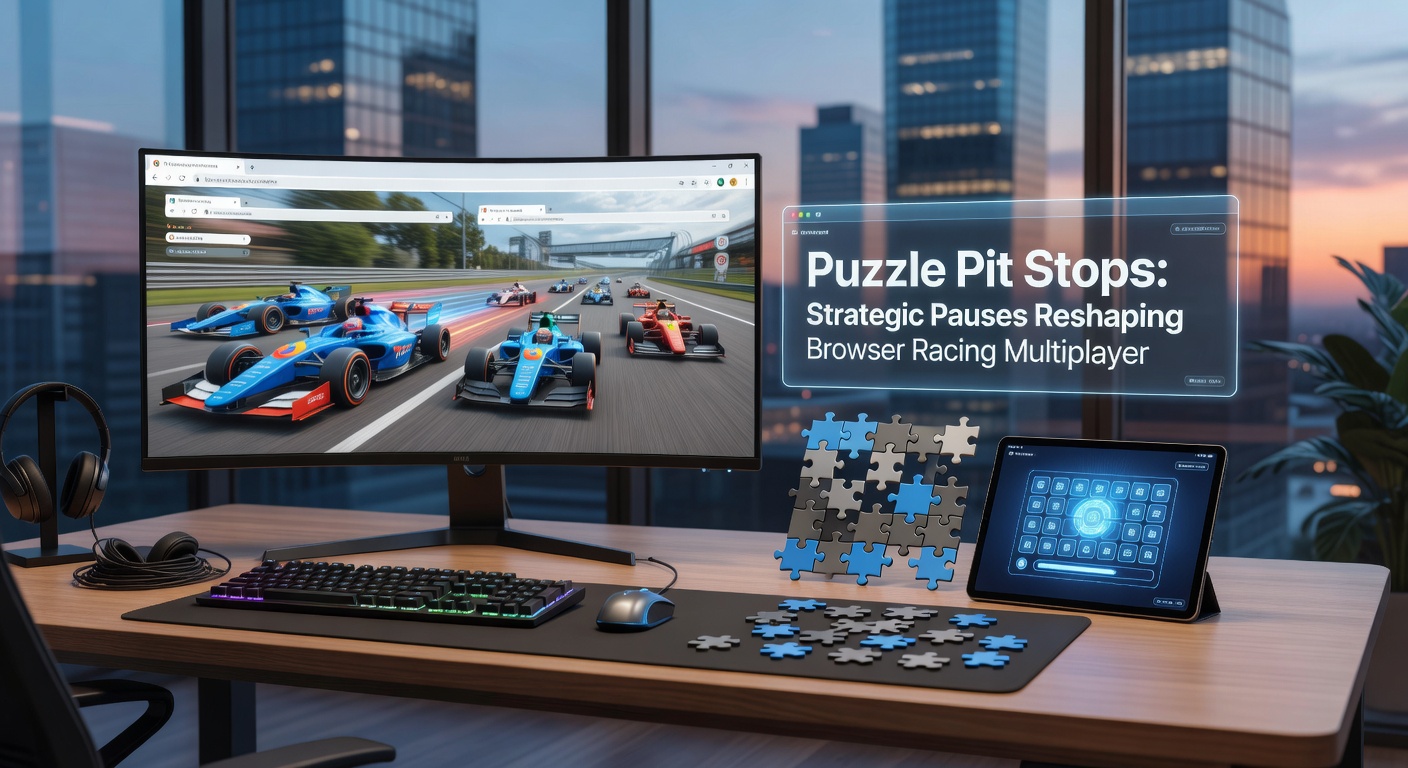 Multiplayer racers clustered at a vibrant puzzle pit stop, one vehicle glowing with success effects as puzzle elements dissolve into power-ups