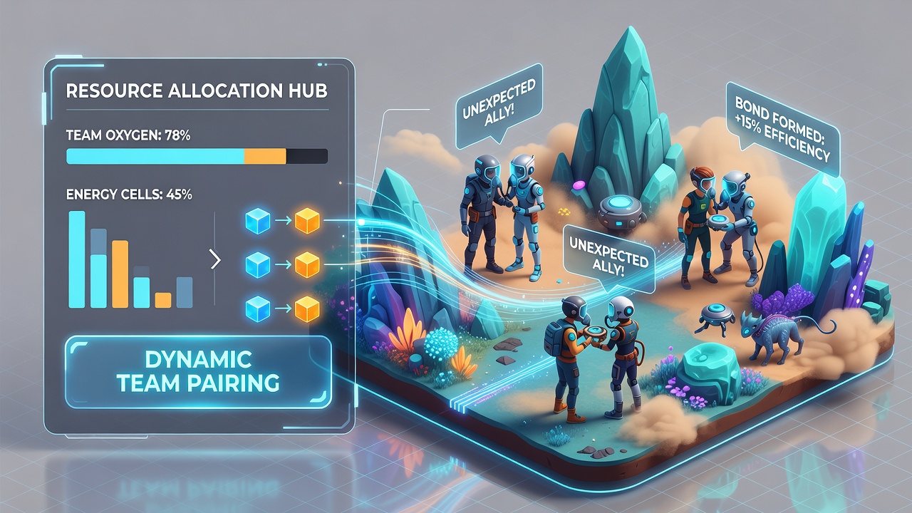 Players coordinating resource distribution in a browser-based multiplayer exploration contest interface