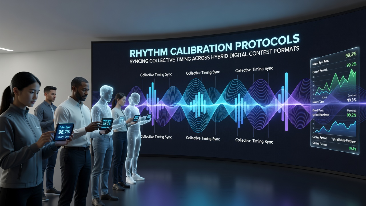 Digital interface displaying synchronized rhythm calibration metrics across multiple hybrid contest platforms