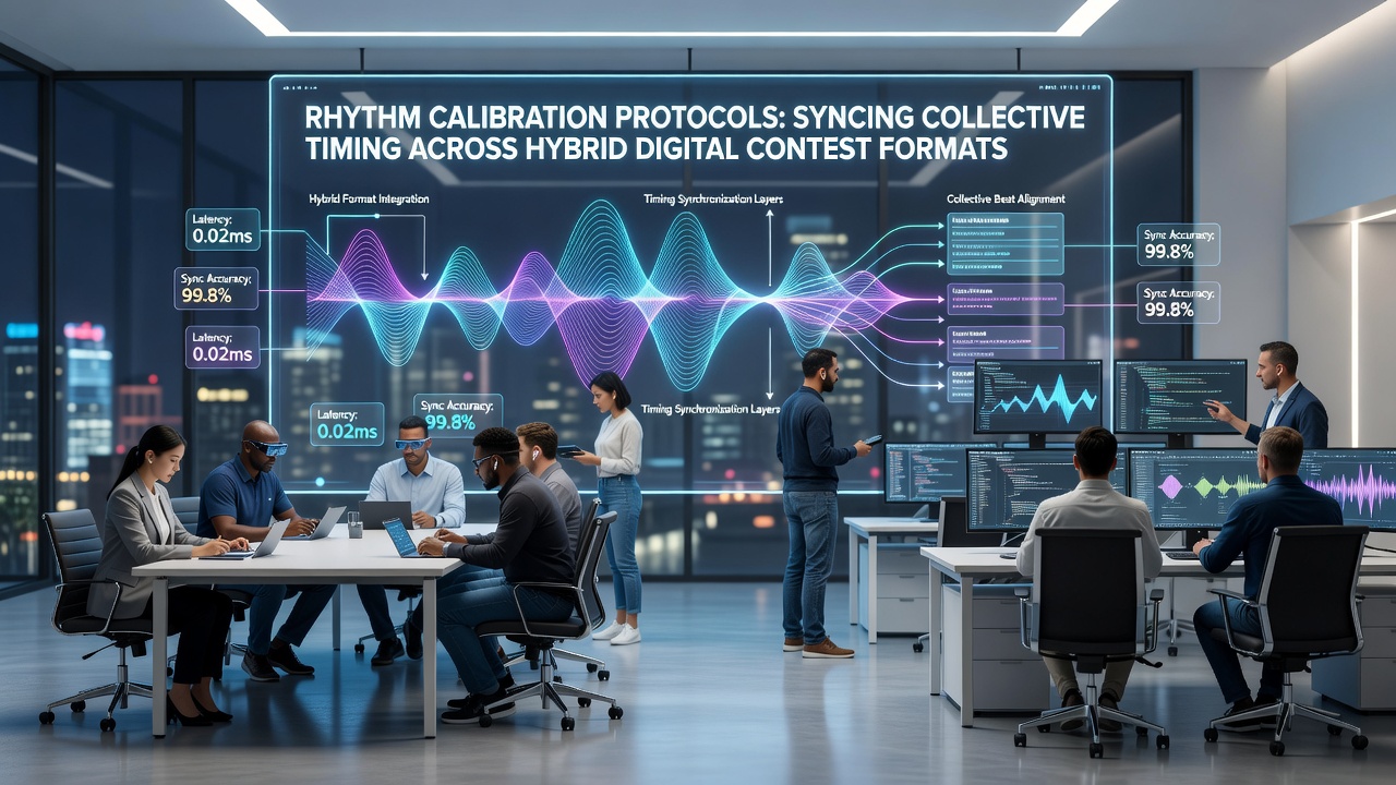 Team participants engaging with synchronized timing displays during a hybrid digital contest event