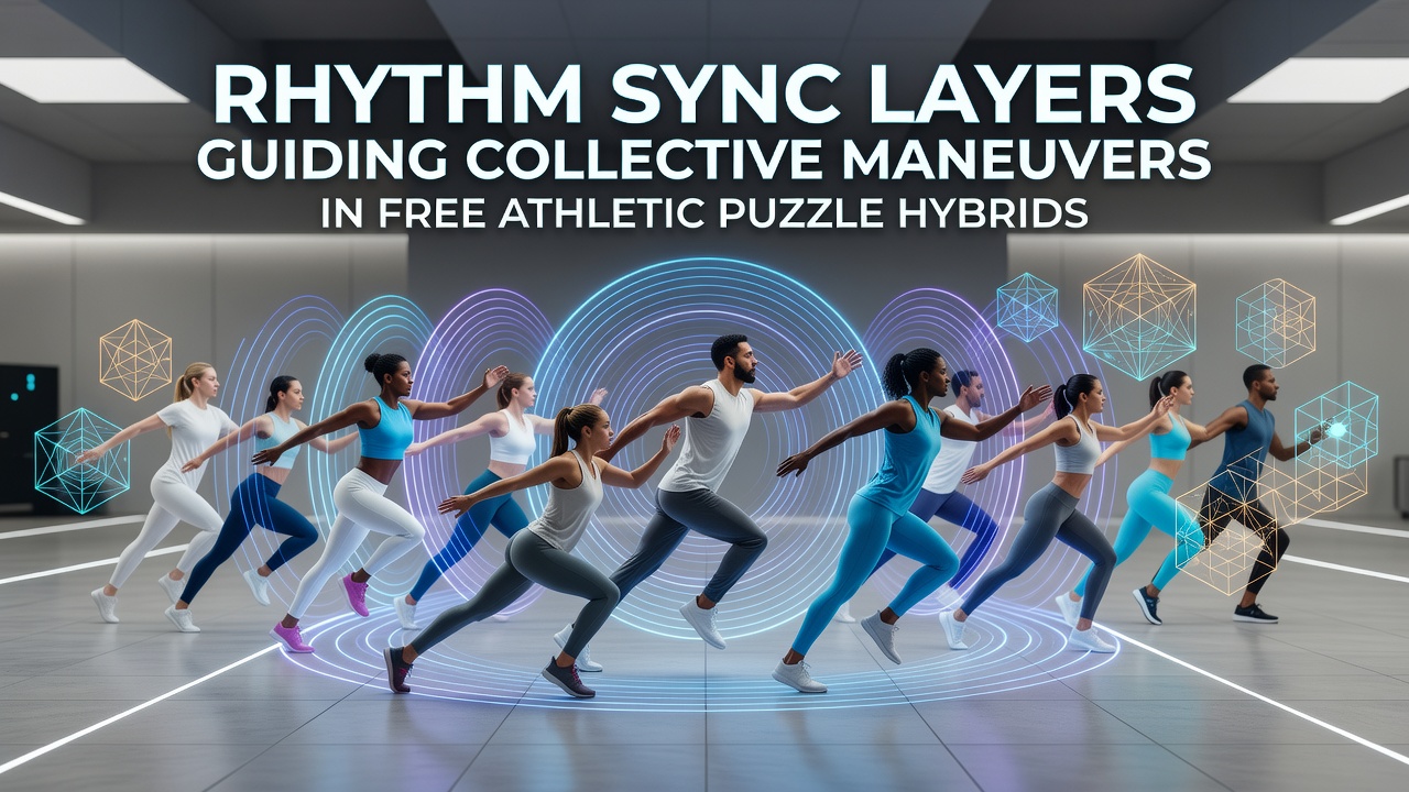 Players coordinating movements in a browser-based athletic puzzle hybrid game with visible rhythm synchronization overlays