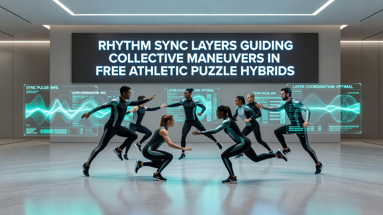 Team executing a collective maneuver in an athletic puzzle hybrid with rhythm layer indicators visible on screen