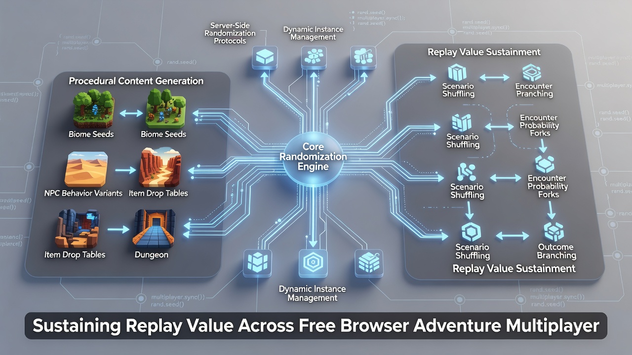 Distributed player groups engaging in randomized adventure scenarios within browser multiplayer interfaces