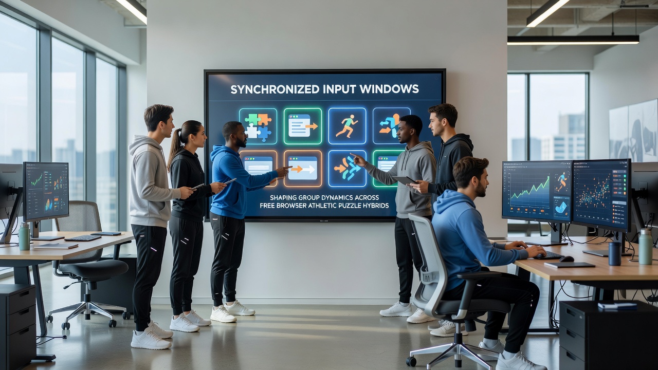 Group of players analyzing synchronized timing feedback in an athletic puzzle hybrid