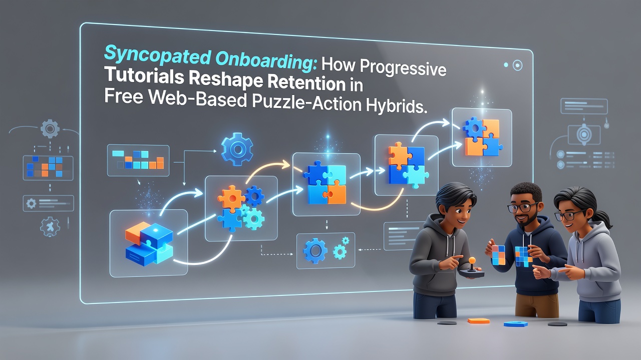 A player engaging with a progressive tutorial sequence in a free web-based puzzle-action hybrid game, showing layered mechanics introduced gradually
