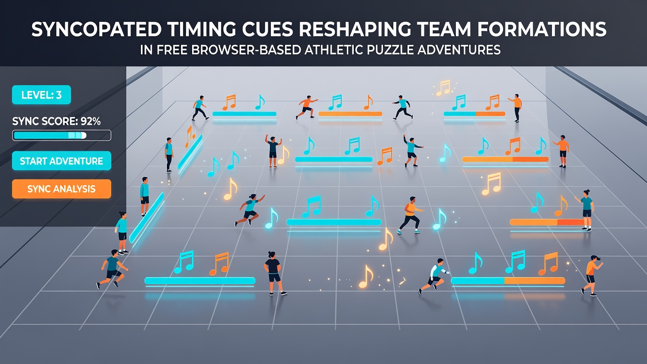 Team formation diagram overlaid on a browser athletic puzzle match showing staggered player positions responding to timing cues