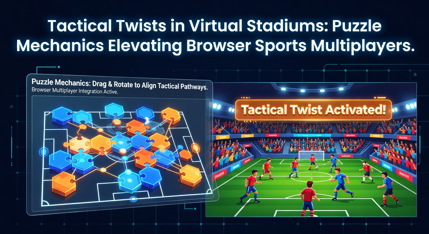 Vibrant virtual stadium filled with glowing puzzle elements and competing player avatars mid-action, showcasing tactical grid overlays on the field