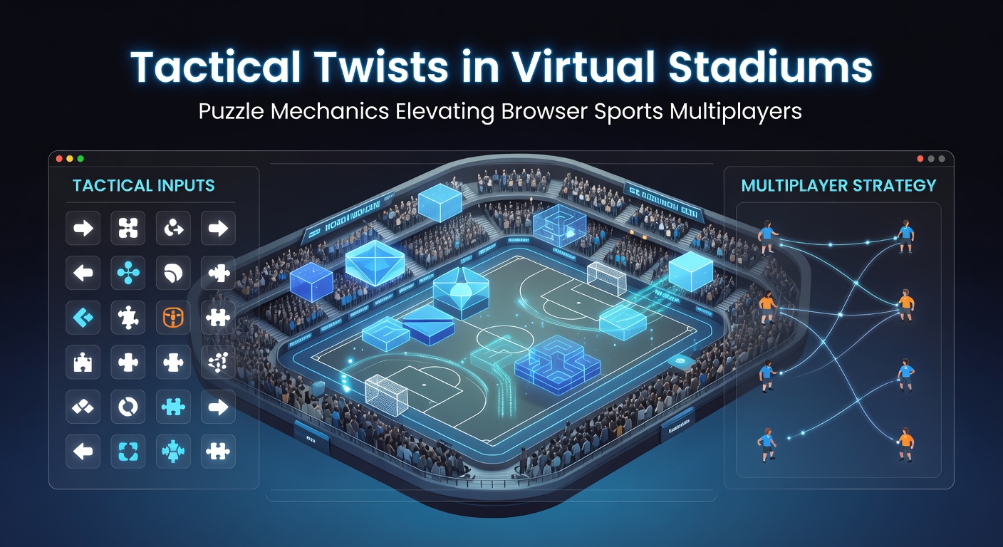 Close-up of a browser game interface displaying a puzzle grid overlay on a soccer stadium, with player avatars maneuvering tiles amid a heated multiplayer match