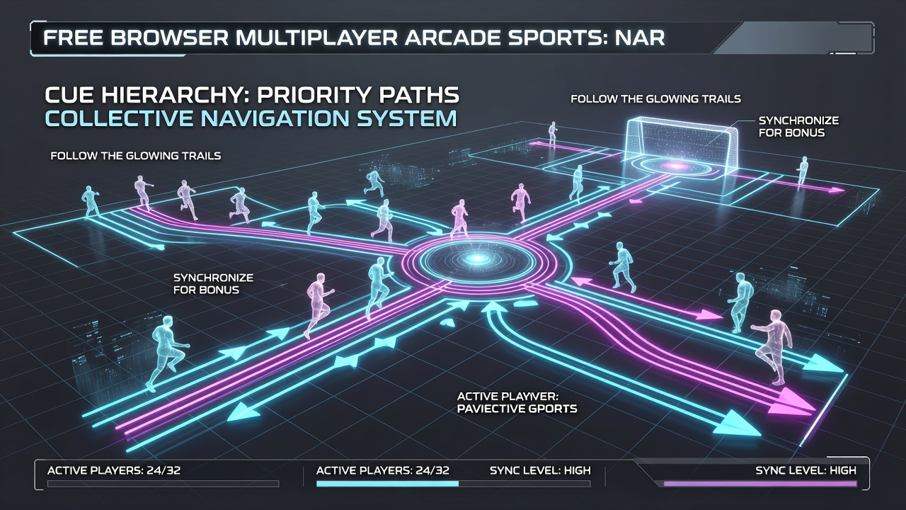 Multiplayer view of an arcade sports narrative scene where players follow prioritized visual paths around a virtual stadium